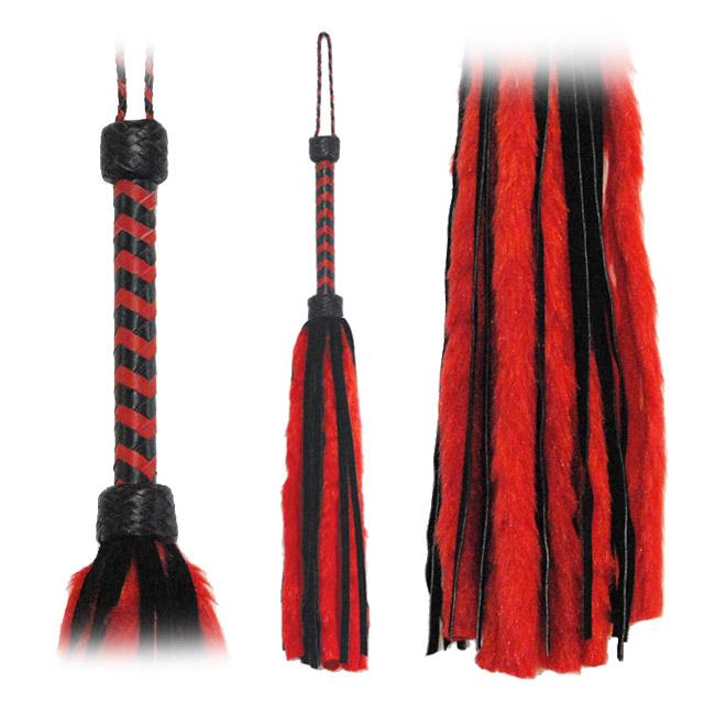 Fetissimo Flogger Red Fur Black Suede Tails 26in - xtantric.ca