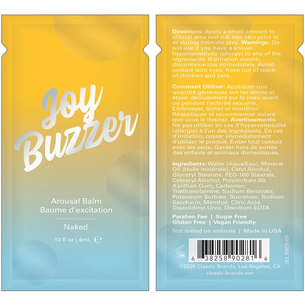 JOY BUZZER FLAVOR FREE AROUSAL BALM NAKED - FOIL - 0.13 floz | 4 mL - xtantric.ca